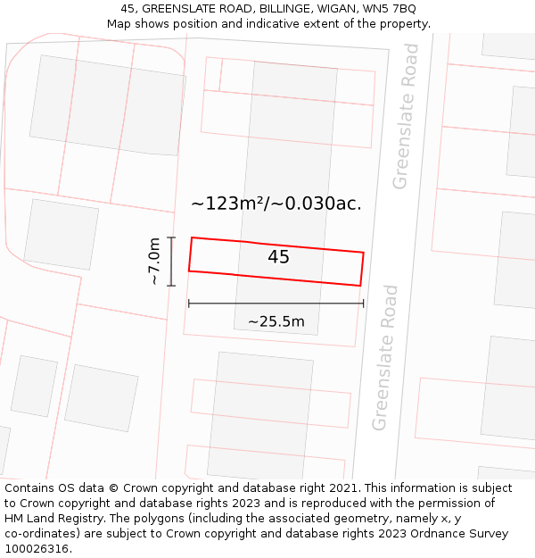 45, GREENSLATE ROAD, BILLINGE, WIGAN, WN5 7BQ: Plot and title map