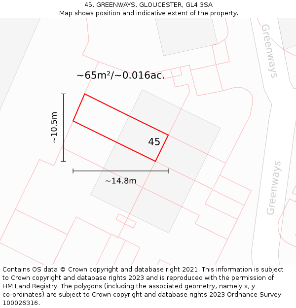 45, GREENWAYS, GLOUCESTER, GL4 3SA: Plot and title map