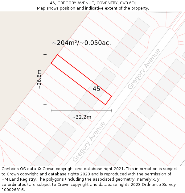 45, GREGORY AVENUE, COVENTRY, CV3 6DJ: Plot and title map