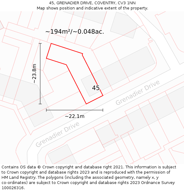 45, GRENADIER DRIVE, COVENTRY, CV3 1NN: Plot and title map