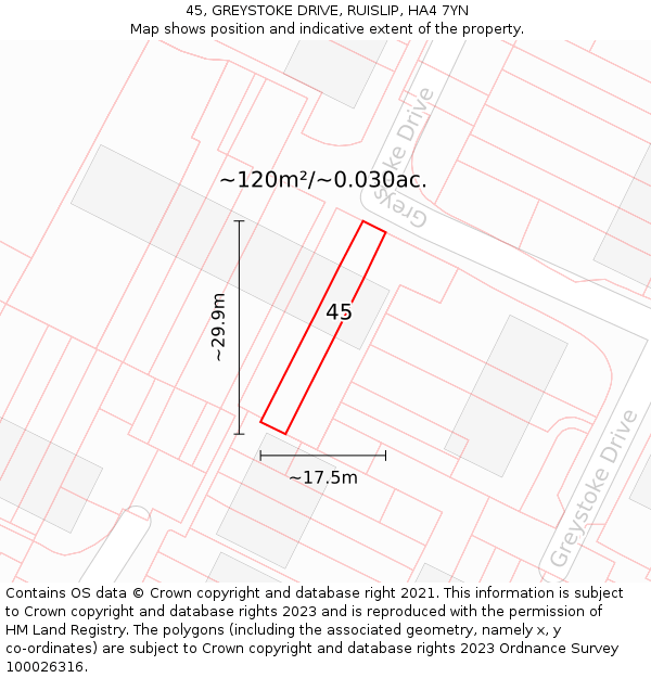 45, GREYSTOKE DRIVE, RUISLIP, HA4 7YN: Plot and title map