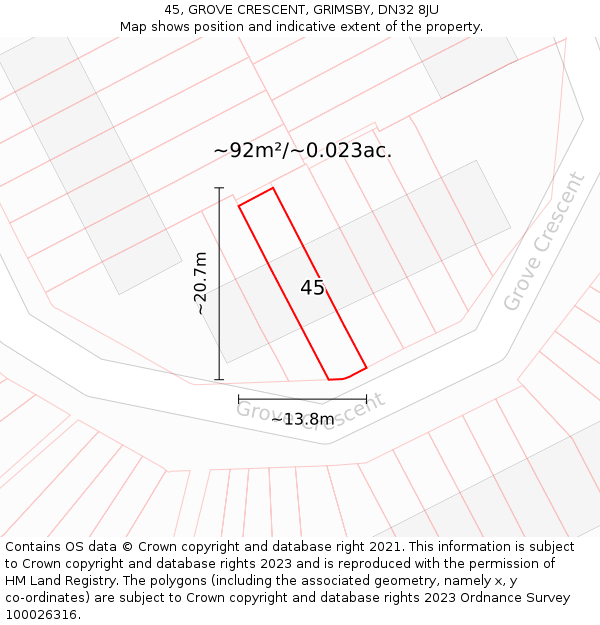 45, GROVE CRESCENT, GRIMSBY, DN32 8JU: Plot and title map