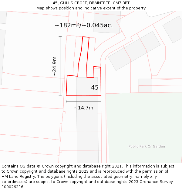 45, GULLS CROFT, BRAINTREE, CM7 3RT: Plot and title map