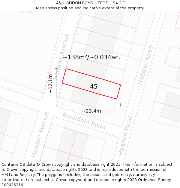 45, HADDON ROAD, LEEDS, LS4 2JE: Plot and title map
