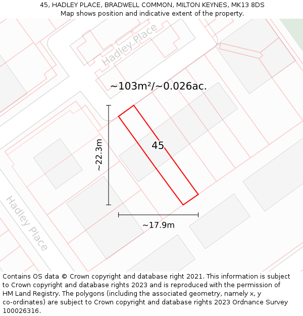 45, HADLEY PLACE, BRADWELL COMMON, MILTON KEYNES, MK13 8DS: Plot and title map
