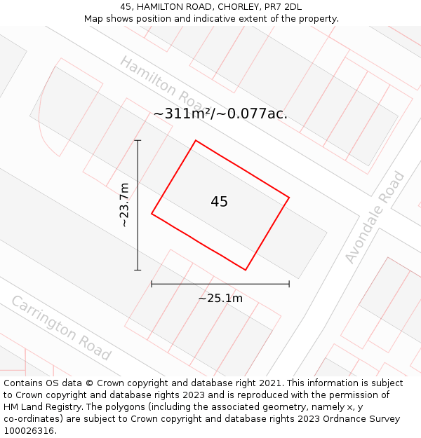 45, HAMILTON ROAD, CHORLEY, PR7 2DL: Plot and title map