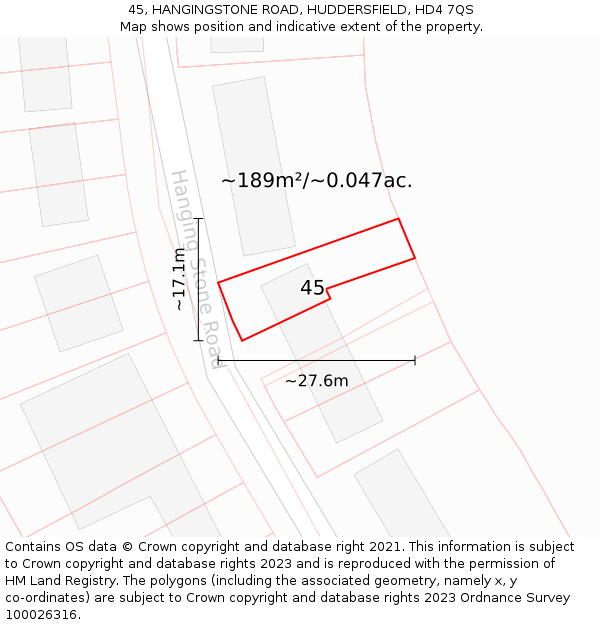 45, HANGINGSTONE ROAD, HUDDERSFIELD, HD4 7QS: Plot and title map