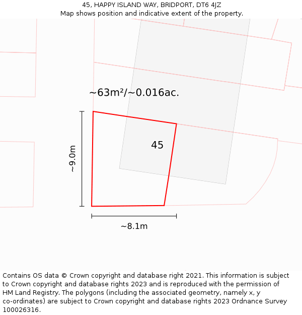 45, HAPPY ISLAND WAY, BRIDPORT, DT6 4JZ: Plot and title map