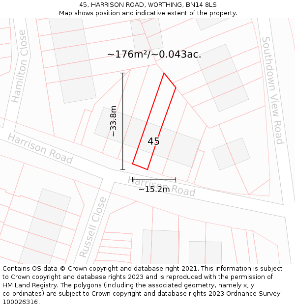 45, HARRISON ROAD, WORTHING, BN14 8LS: Plot and title map