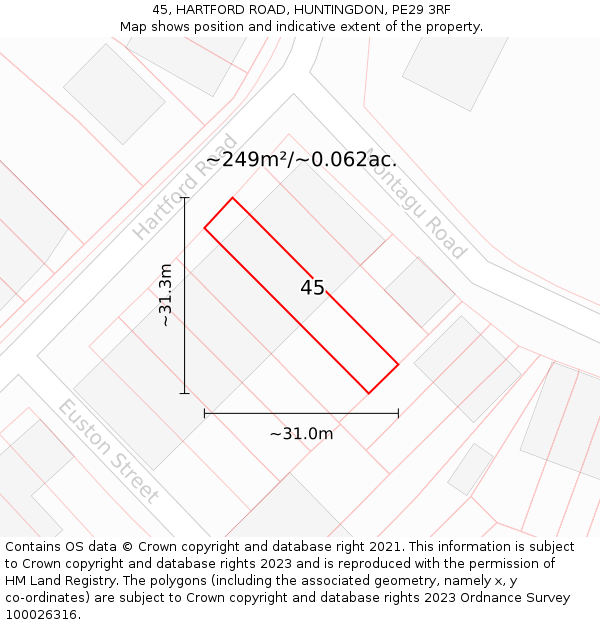 45, HARTFORD ROAD, HUNTINGDON, PE29 3RF: Plot and title map