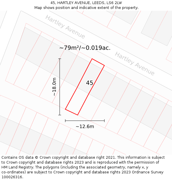 45, HARTLEY AVENUE, LEEDS, LS6 2LW: Plot and title map