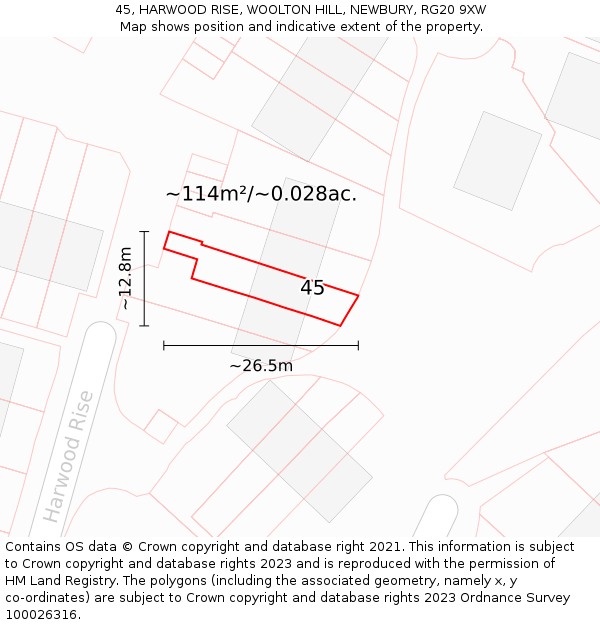 45, HARWOOD RISE, WOOLTON HILL, NEWBURY, RG20 9XW: Plot and title map