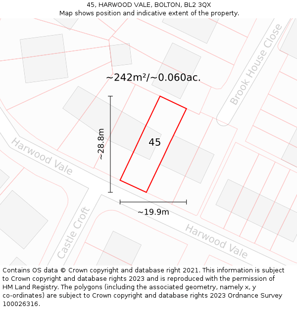 45, HARWOOD VALE, BOLTON, BL2 3QX: Plot and title map