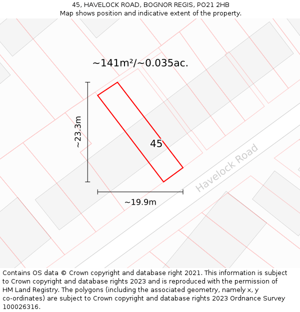 45, HAVELOCK ROAD, BOGNOR REGIS, PO21 2HB: Plot and title map