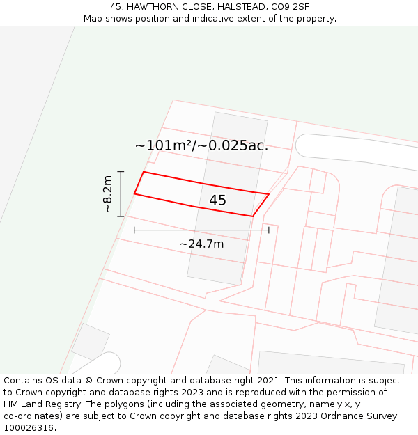 45, HAWTHORN CLOSE, HALSTEAD, CO9 2SF: Plot and title map