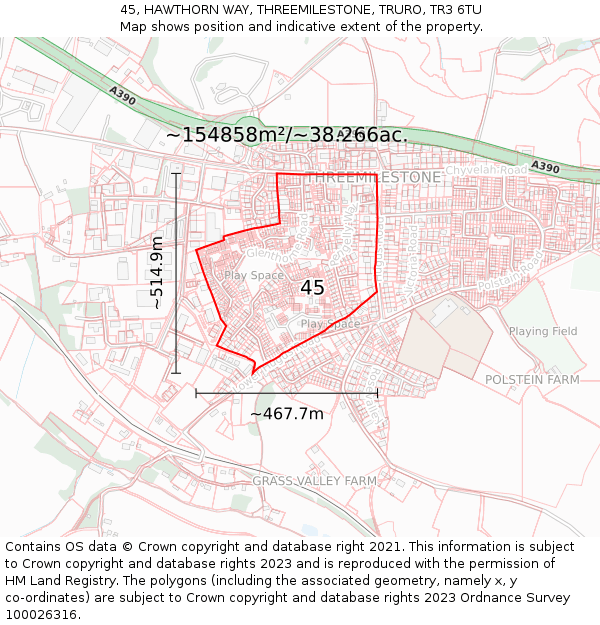 45, HAWTHORN WAY, THREEMILESTONE, TRURO, TR3 6TU: Plot and title map