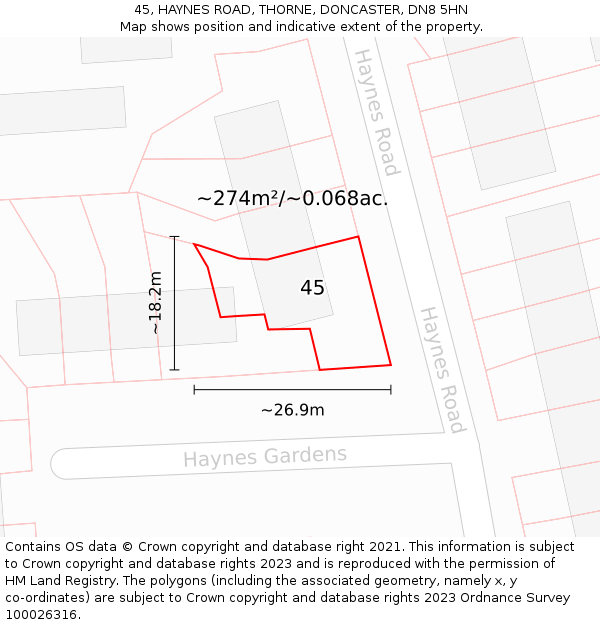 45, HAYNES ROAD, THORNE, DONCASTER, DN8 5HN: Plot and title map