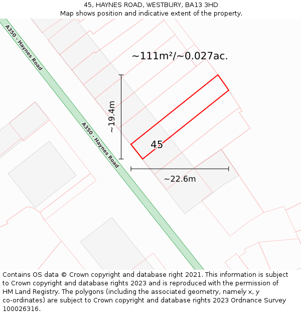 45, HAYNES ROAD, WESTBURY, BA13 3HD: Plot and title map