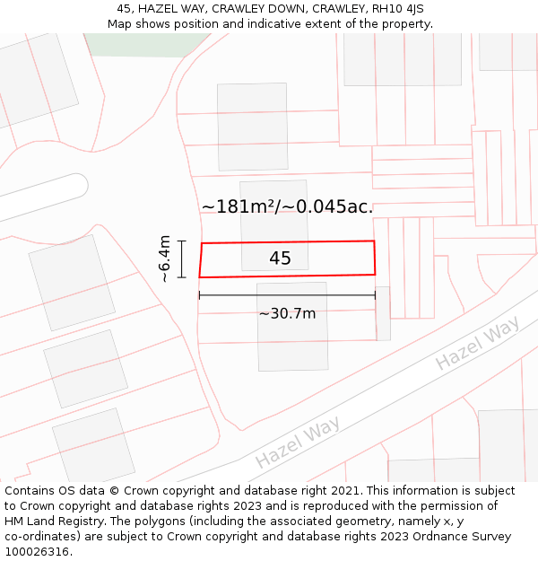 45, HAZEL WAY, CRAWLEY DOWN, CRAWLEY, RH10 4JS: Plot and title map