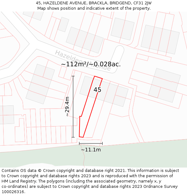 45, HAZELDENE AVENUE, BRACKLA, BRIDGEND, CF31 2JW: Plot and title map