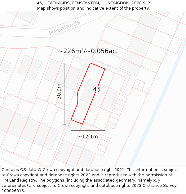 45, HEADLANDS, FENSTANTON, HUNTINGDON, PE28 9LP: Plot and title map