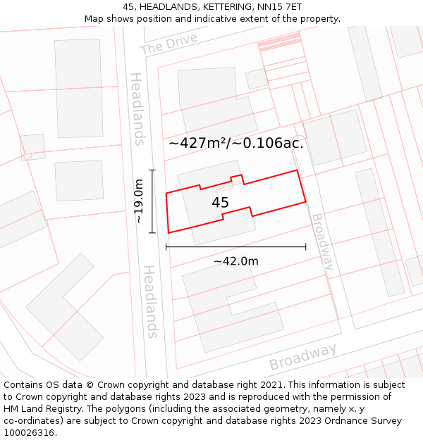45, HEADLANDS, KETTERING, NN15 7ET: Plot and title map