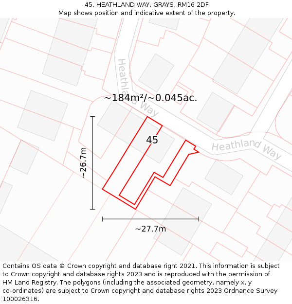 45, HEATHLAND WAY, GRAYS, RM16 2DF: Plot and title map