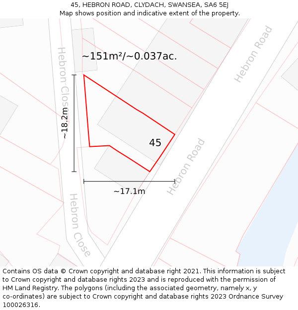 45, HEBRON ROAD, CLYDACH, SWANSEA, SA6 5EJ: Plot and title map