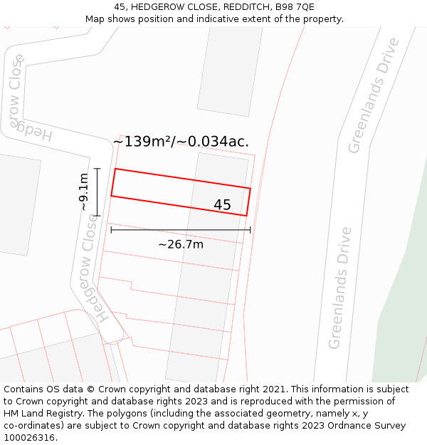 45, HEDGEROW CLOSE, REDDITCH, B98 7QE: Plot and title map