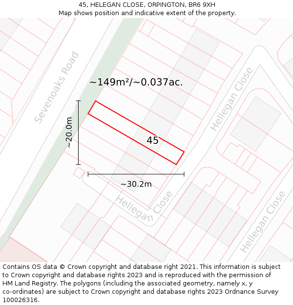 45, HELEGAN CLOSE, ORPINGTON, BR6 9XH: Plot and title map