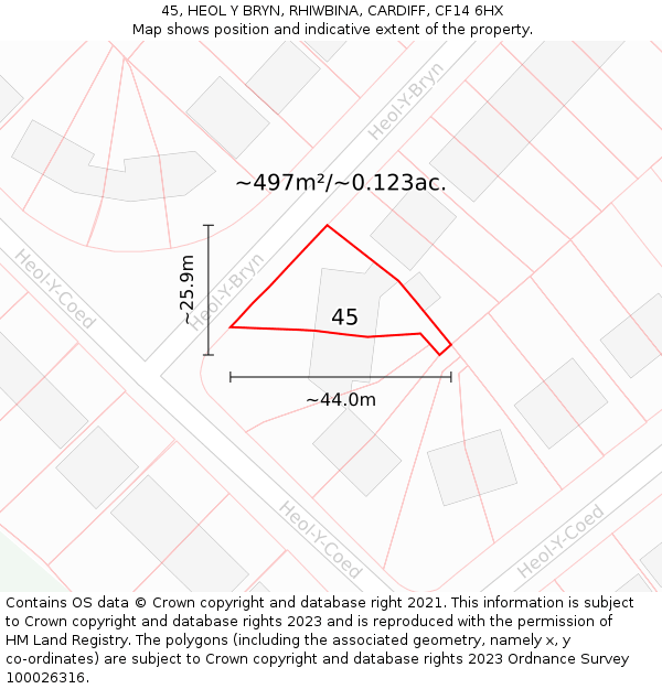 45, HEOL Y BRYN, RHIWBINA, CARDIFF, CF14 6HX: Plot and title map