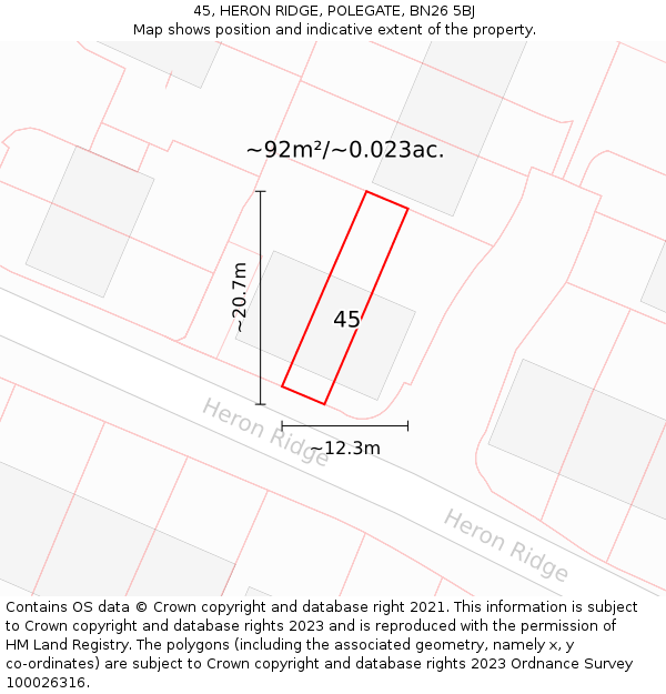 45, HERON RIDGE, POLEGATE, BN26 5BJ: Plot and title map