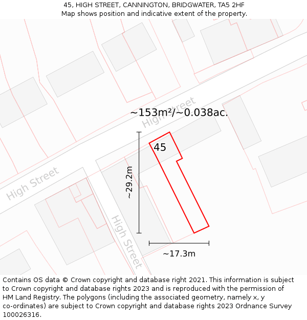 45, HIGH STREET, CANNINGTON, BRIDGWATER, TA5 2HF: Plot and title map