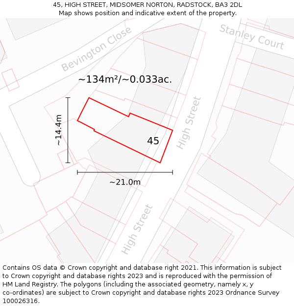 45, HIGH STREET, MIDSOMER NORTON, RADSTOCK, BA3 2DL: Plot and title map