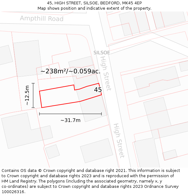 45, HIGH STREET, SILSOE, BEDFORD, MK45 4EP: Plot and title map