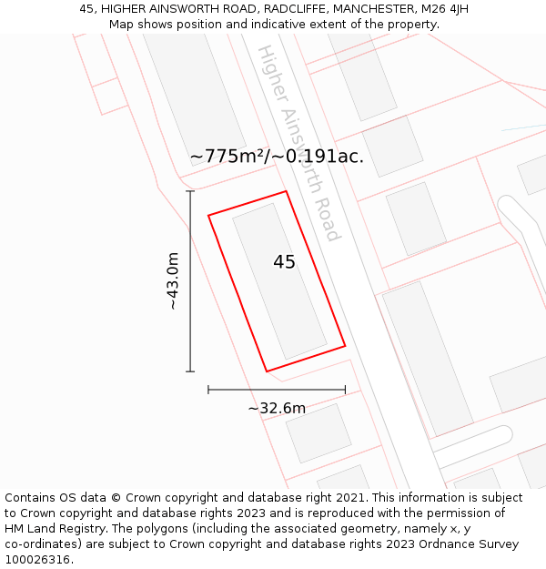 45, HIGHER AINSWORTH ROAD, RADCLIFFE, MANCHESTER, M26 4JH: Plot and title map