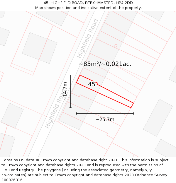 45, HIGHFIELD ROAD, BERKHAMSTED, HP4 2DD: Plot and title map