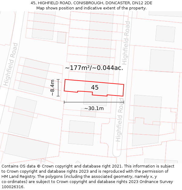 45, HIGHFIELD ROAD, CONISBROUGH, DONCASTER, DN12 2DE: Plot and title map