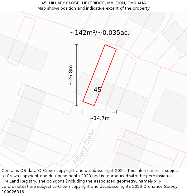 45, HILLARY CLOSE, HEYBRIDGE, MALDON, CM9 4UA: Plot and title map