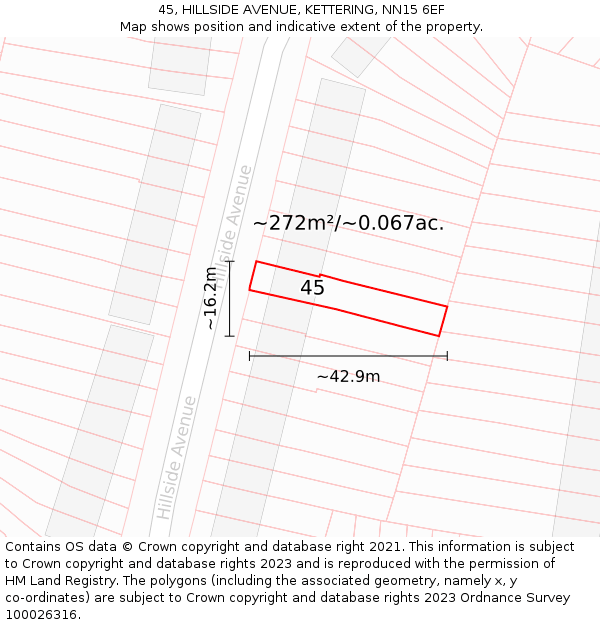 45, HILLSIDE AVENUE, KETTERING, NN15 6EF: Plot and title map