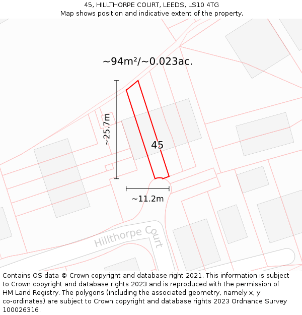 45, HILLTHORPE COURT, LEEDS, LS10 4TG: Plot and title map