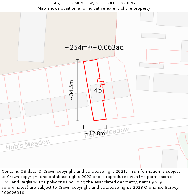 45, HOBS MEADOW, SOLIHULL, B92 8PG: Plot and title map