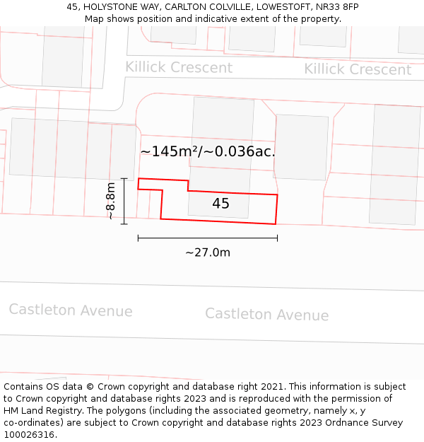 45, HOLYSTONE WAY, CARLTON COLVILLE, LOWESTOFT, NR33 8FP: Plot and title map