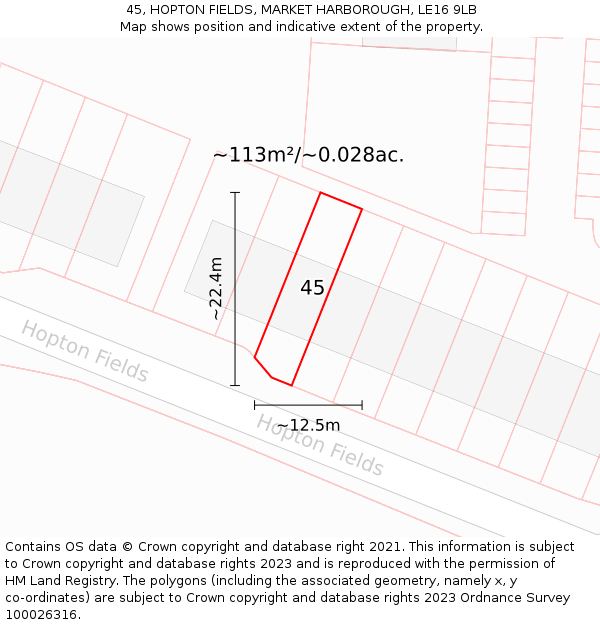 45, HOPTON FIELDS, MARKET HARBOROUGH, LE16 9LB: Plot and title map