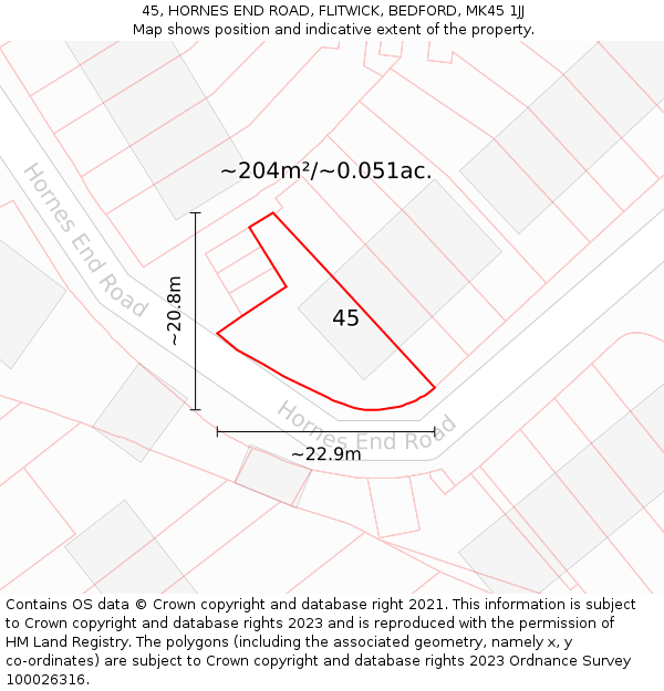45, HORNES END ROAD, FLITWICK, BEDFORD, MK45 1JJ: Plot and title map