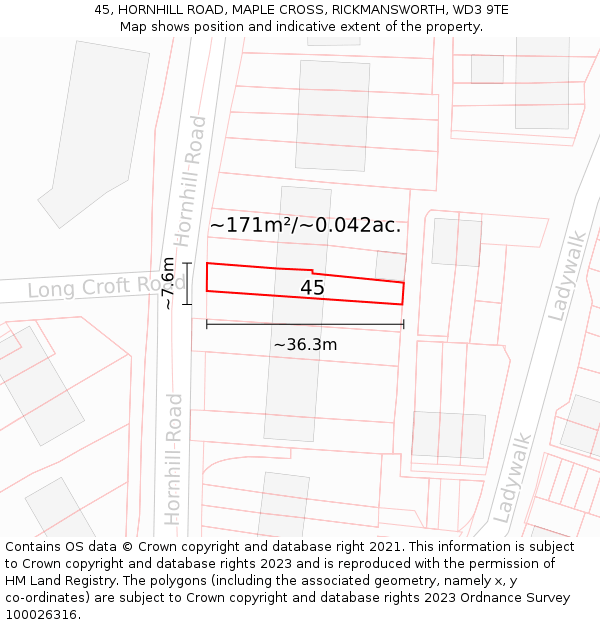 45, HORNHILL ROAD, MAPLE CROSS, RICKMANSWORTH, WD3 9TE: Plot and title map