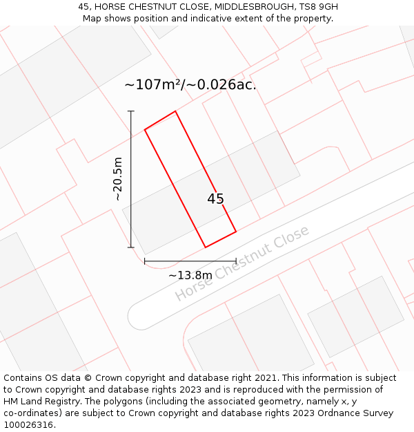45, HORSE CHESTNUT CLOSE, MIDDLESBROUGH, TS8 9GH: Plot and title map