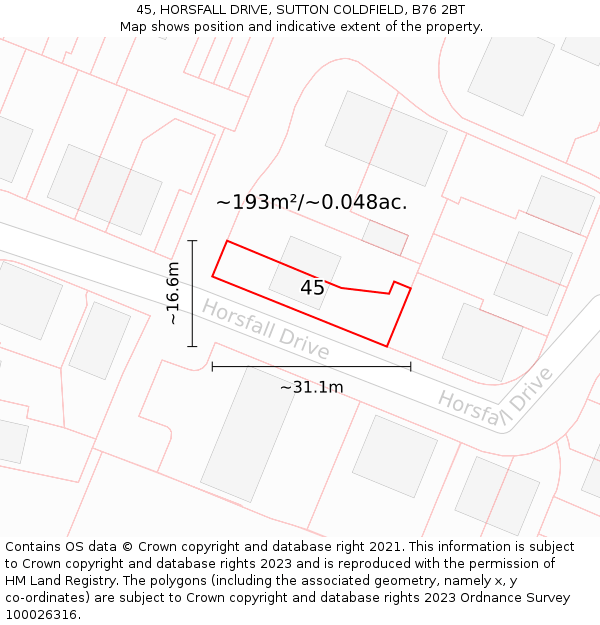 45, HORSFALL DRIVE, SUTTON COLDFIELD, B76 2BT: Plot and title map