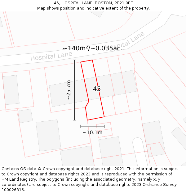 45, HOSPITAL LANE, BOSTON, PE21 9EE: Plot and title map