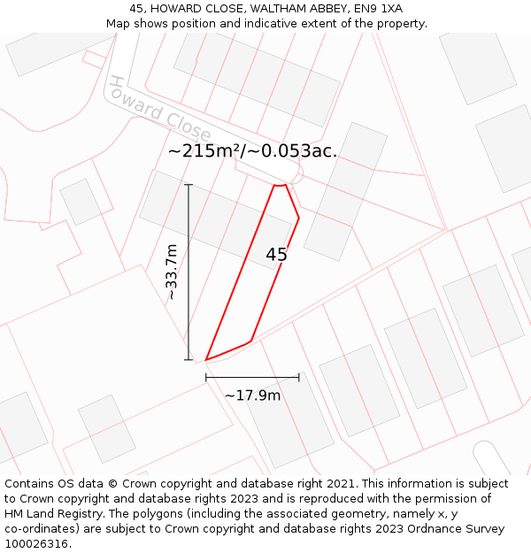 45, HOWARD CLOSE, WALTHAM ABBEY, EN9 1XA: Plot and title map